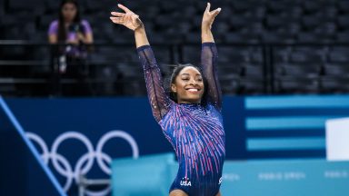 PARIS, FRANCE - JULY 25: Simone Biles of Team United States smiles during a Gymnastics training session ahead of the Paris 2024 Olympics Games on July 25, 2024 in Paris, France. (Photo by Tom Weller/VOIGT/GettyImages)