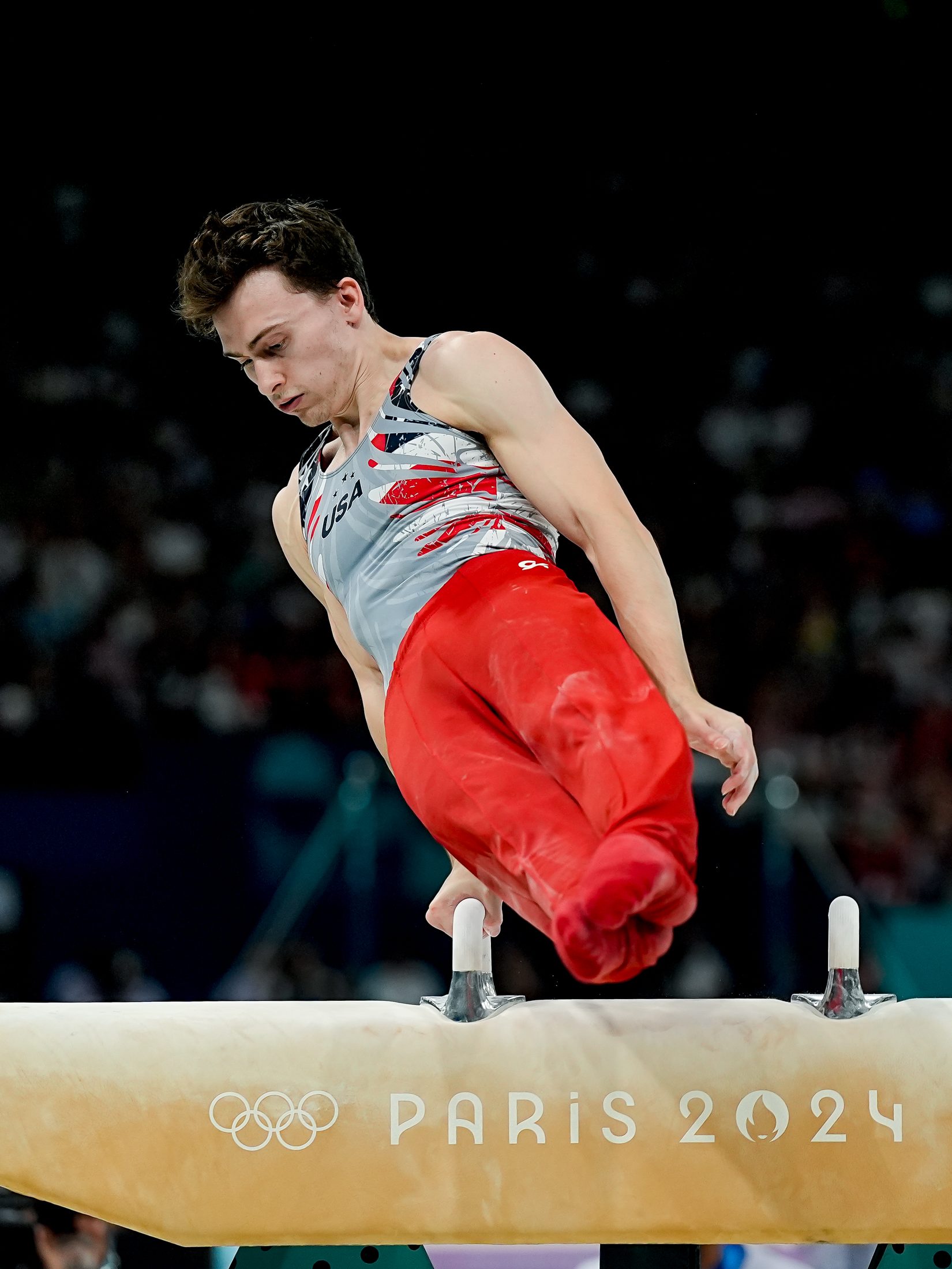 PARIS, FRANCE - JULY 29: Stephen Nedoroscik of United States on Pommel Horse during the Men's Artistic Gymnastics Team Final on day three of the Olympic Games Paris 2024 at Bercy Arena on July 29, 2024 in Paris, France. (Photo by Daniela Porcelli/Eurasia Sport Images/Getty Images)