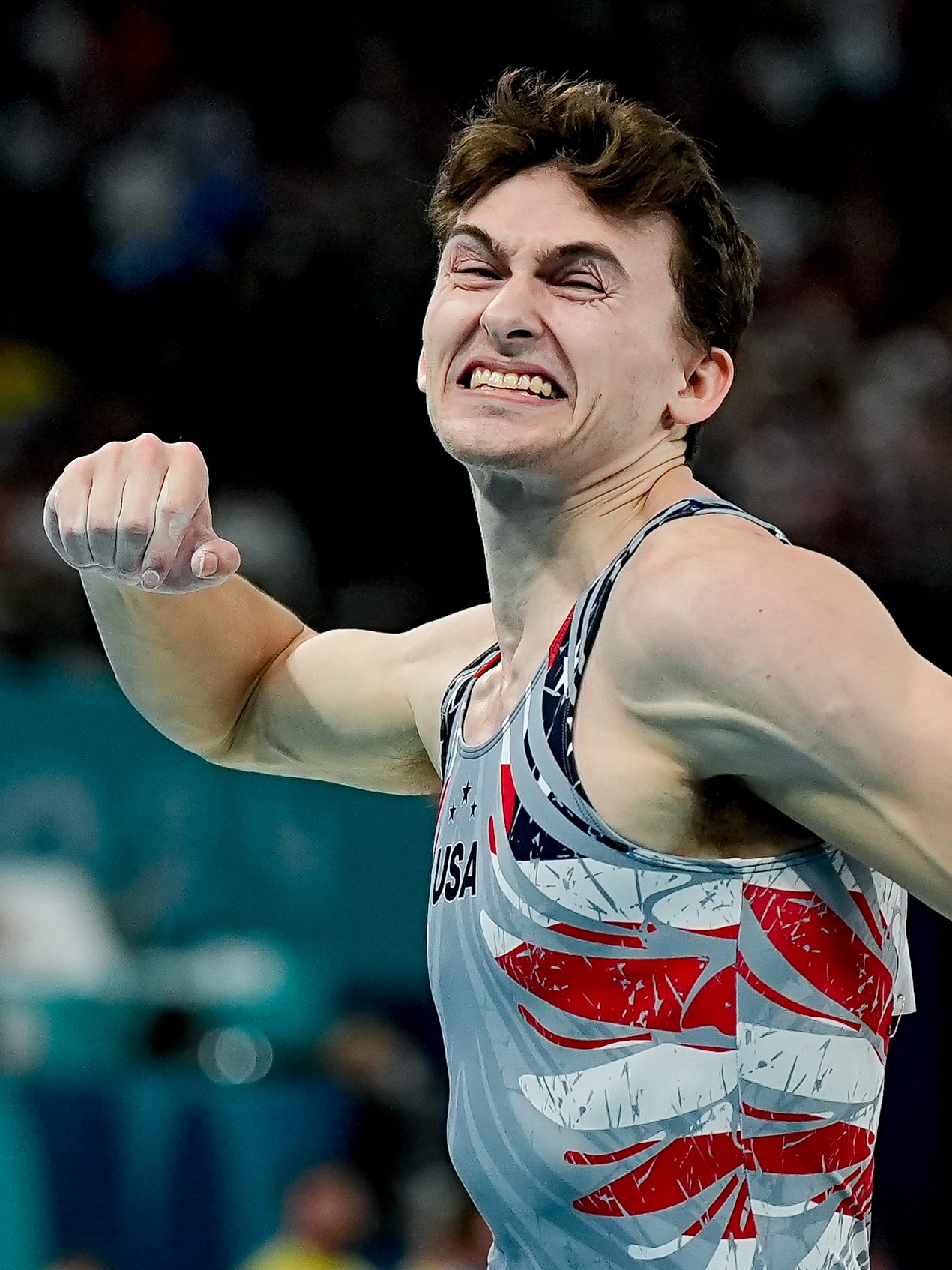 PARIS, FRANCE - JULY 29: Stephen Nedoroscik of United States celebrates his performance on Pommel Horse during the Men's Artistic Gymnastics Team Final on day three of the Olympic Games Paris 2024 at Bercy Arena on July 29, 2024 in Paris, France. (Photo by Daniela Porcelli/Eurasia Sport Images/Getty Images)