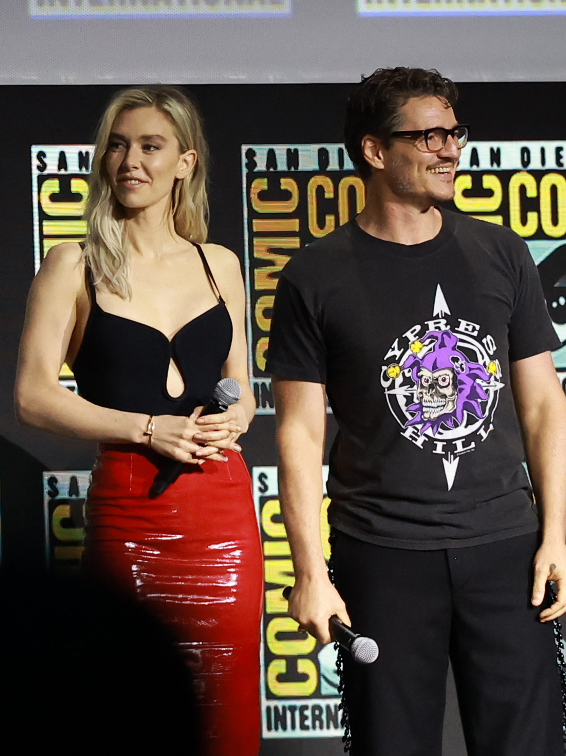 Ebon Moss-Bachrach, Joseph Quinn, Vanessa Kirby and Pedro Pascal speak onstage at the Marvel Studios Panel during 2024 Comic-Con International at San Diego Convention Center