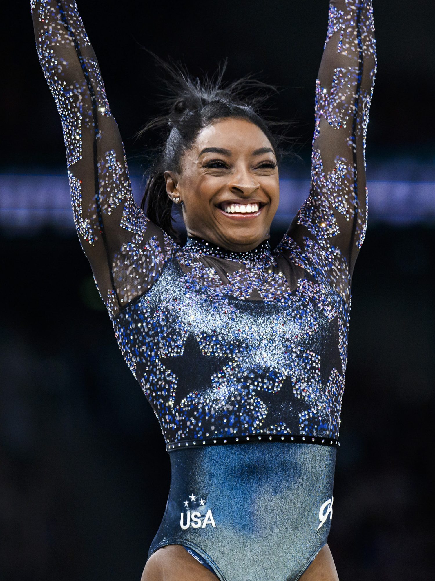 PARIS, FRANCE - JULY 28: Simone Biles from Team United States reacts after her exercise on the balance beam during day two of the Olympic Games Paris 2024 at the Bercy Arena on July 28, 2024 in Paris, France. (Photo by Tom Weller/VOIGT/GettyImages)