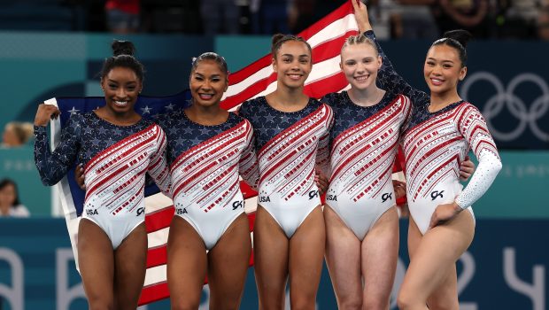 Simone Biles, Jordan Chiles, Hezly Rivera, Jade Carey and Sunisa Lee of Team United States celebrate during the Artistic Gymnastics Women's Team Final on day four of the Olympic Games Paris