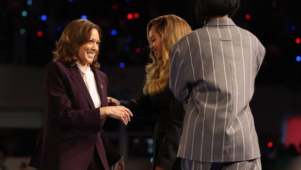 HOUSTON, TEXAS - OCTOBER 25: Democratic presidential nominee, U.S. Vice President Kamala Harris, (L) greets Beyoncé (R) during a campaign rally at Shell Energy Stadium on October 25, 2024 in Houston, Texas. Vice President Kamala Harris is campaigning in Texas holding a rally supporting reproductive rights with recording artists Beyoncé and Willie Nelson.  (Photo by Justin Sullivan/Getty Images)