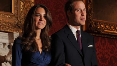 Britain's Prince William and his fiancée Kate Middleton pose for photographers during a photocall to mark their engagement, in the State Rooms of St James�s Palace, central London on November 16, 2010.  Britain's Prince William has given his fiancee Kate Middleton the engagement ring that belonged to his late mother Diana, Princess of Wales, Clarence House said Tuesday.  The blue sapphire and diamond ring was given to Diana by William's father, Prince Charles, when they became engaged in February 1981. Charles and Diana divorced in 1996 and she was killed in a car crash in Paris the following year.      AFP PHOTO / BEN STANSALL (Photo credit should read BEN STANSALL/AFP via Getty Images)