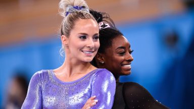 Mykayla Skinner and Simone Biles during a training session at the Ariake Gymnastics Arena