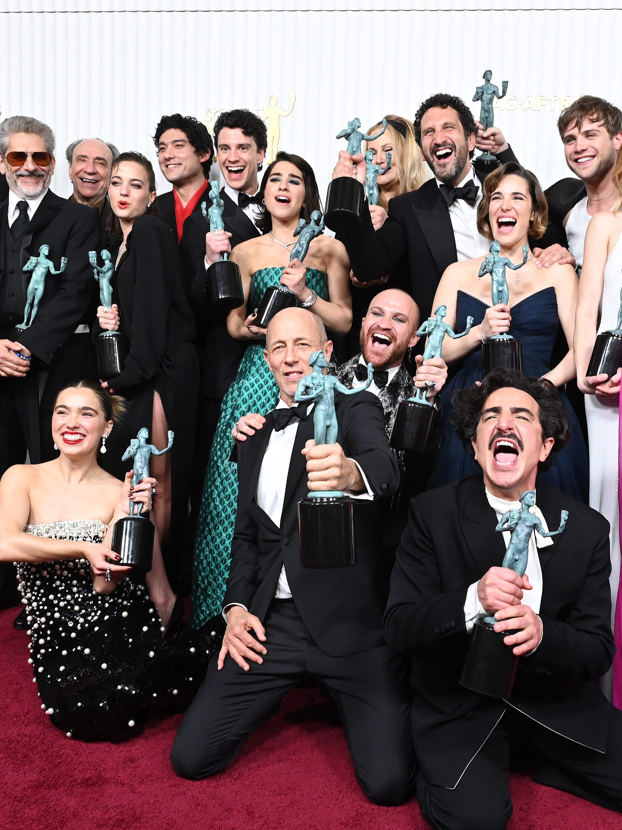 The cast of "The White Lotus" Aubrey Plaza, Michael Imperioli, Bruno Gouery, Tom Hollander, Will Sharpe, Beatrice Grannò, Haley Lu Richardson, Simona Tabasco, Jennifer Coolidge, Sabrina Impacciatore, Meghann Fahy and Theo James at the 29th Annual Screen Actors Guild Awards held at the Fairmont Century Plaza on February 26, 2023 in Los Angeles, California. (Photo by Gilbert Flores/Variety via Getty Images)