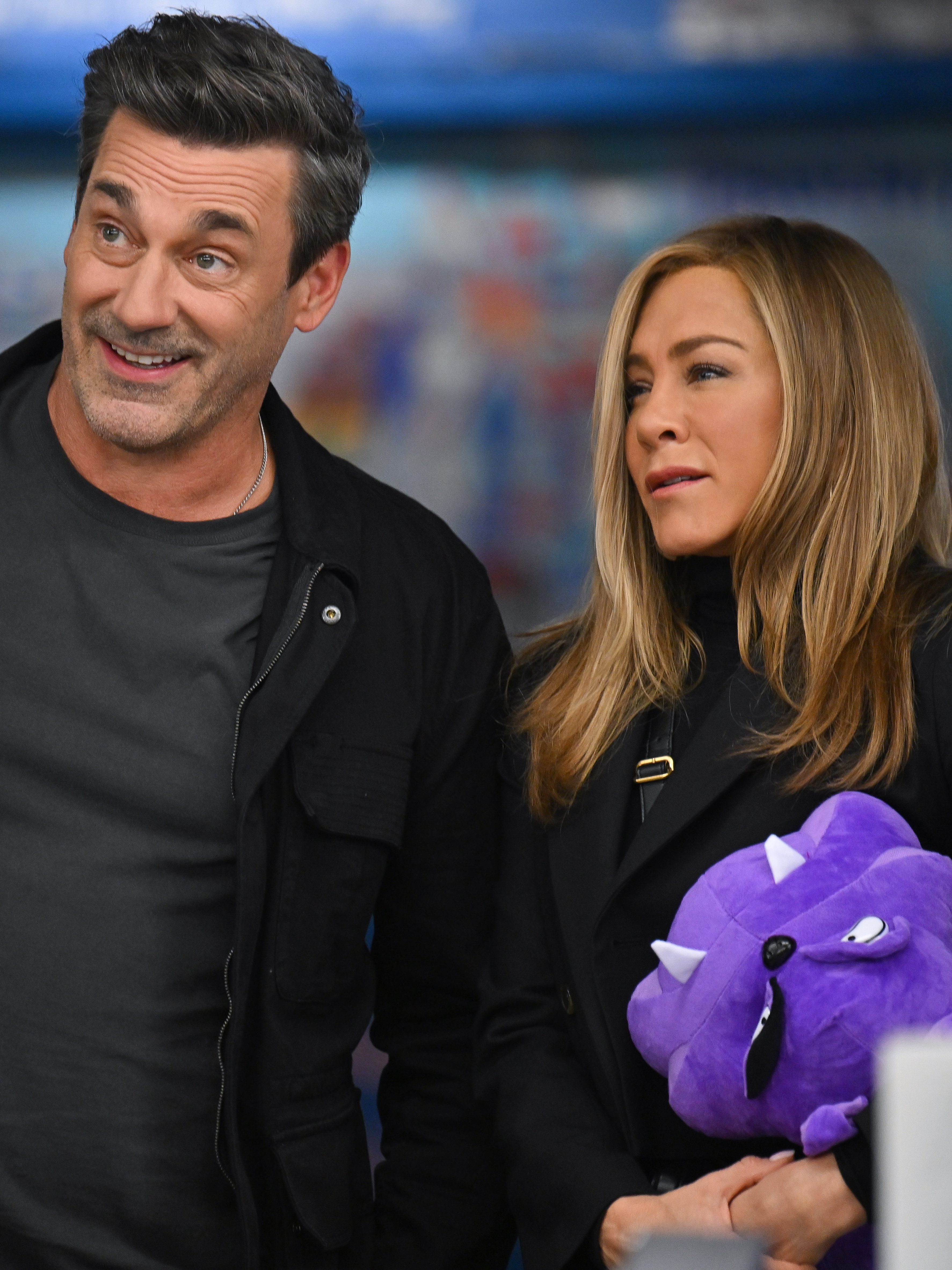 Jon Hamm and Jennifer Aniston seen filming on location for 'The Morning Show'