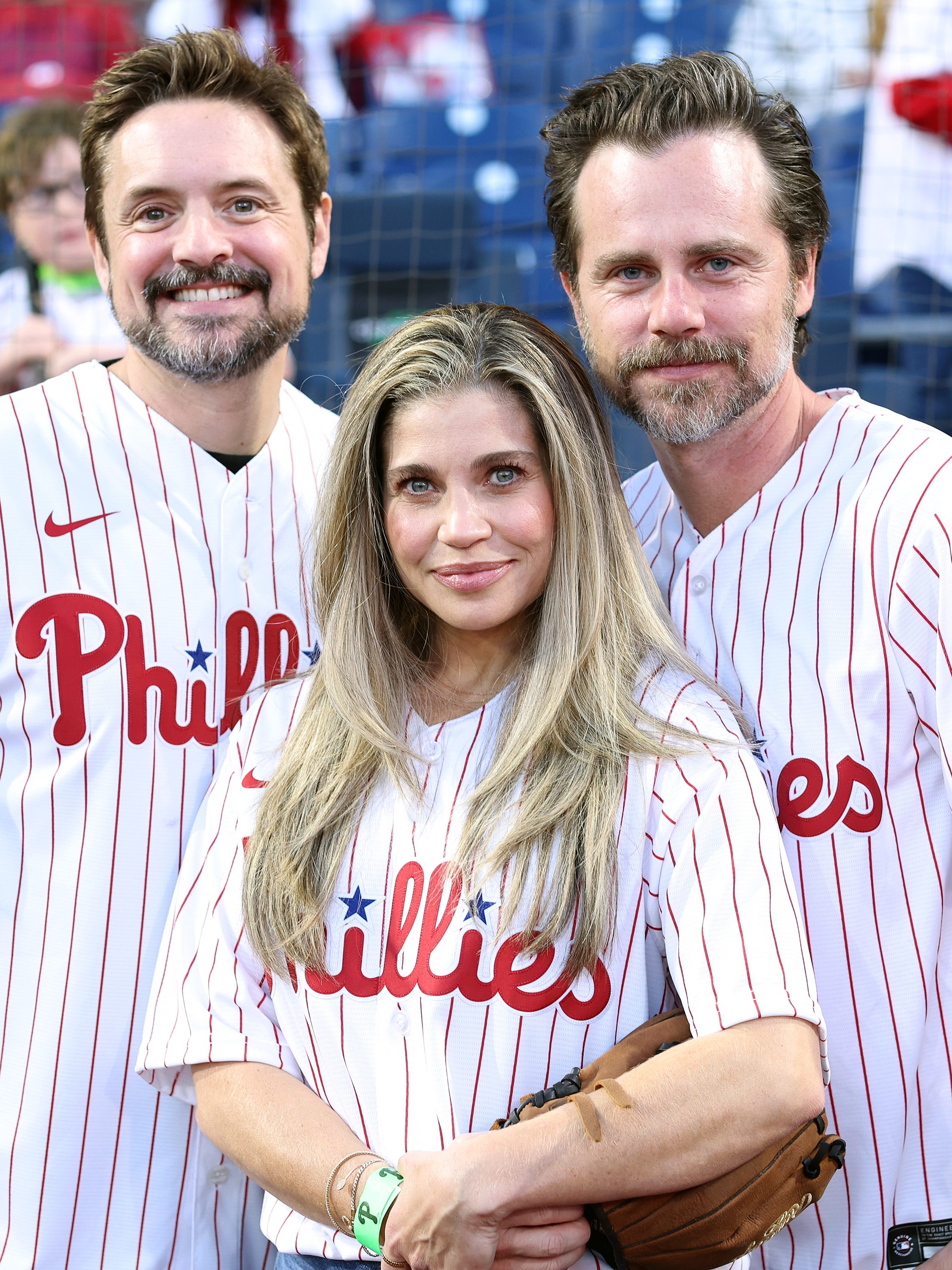 PHILADELPHIA, PENNSYLVANIA - SEPTEMBER 27: (L-R) Actors Will Friedle, Danielle Fishel and Rider Strong pose for a photo during a game between the Philadelphia Phillies and the Pittsburgh Pirates at Citizens Bank Park on September 27, 2023 in Philadelphia, Pennsylvania. (Photo by Tim Nwachukwu/Getty Images)