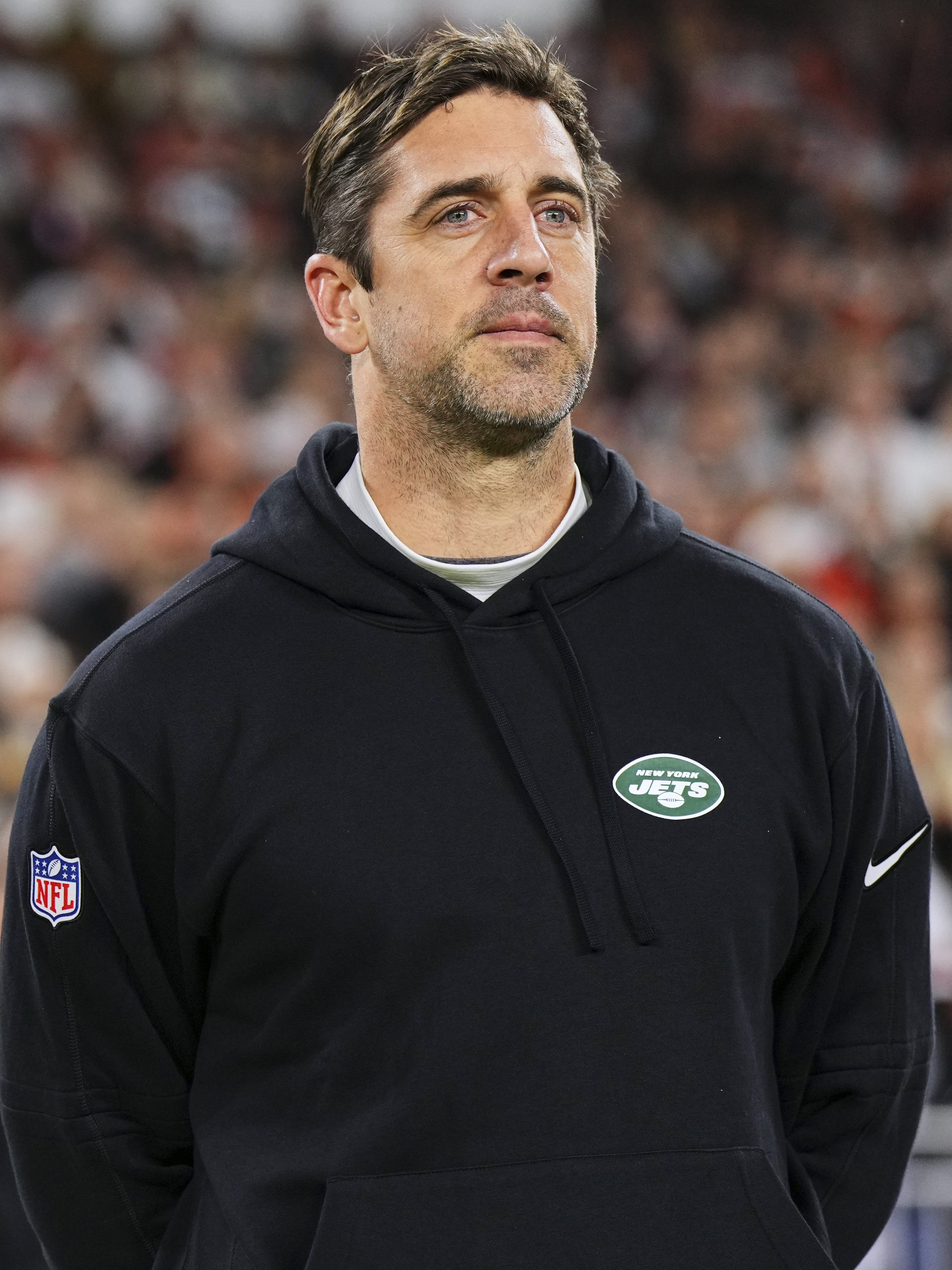 CLEVELAND, OH - DECEMBER 28: Aaron Rodgers #8 of the New York Jets looks on before kickoff against the Cleveland Browns at Cleveland Browns Stadium on December 28, 2023 in Cleveland, Ohio. (Photo by Cooper Neill/Getty Images)