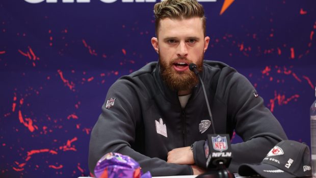 LAS VEGAS, NV - FEBRUARY 5: Harrison Butker #7 of the Kansas City Chiefs speaks with the media during Super Bowl LVIII Opening Night at Allegiant Stadium on February 5, 2024 in Las Vegas, NV. (Photo by Perry Knotts/Getty Images)