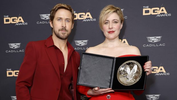 BEVERLY HILLS, CALIFORNIA - FEBRUARY 10: (L-R) Ryan Gosling and Greta Gerwig, recipient of a Directors Guild of America Awards Feature Film Medallion for "Barbie," pose in the press room during the 76th Directors Guild of America Awards at The Beverly Hilton on February 10, 2024 in Beverly Hills, California. (Photo by Frazer Harrison/Getty Images for DGA)