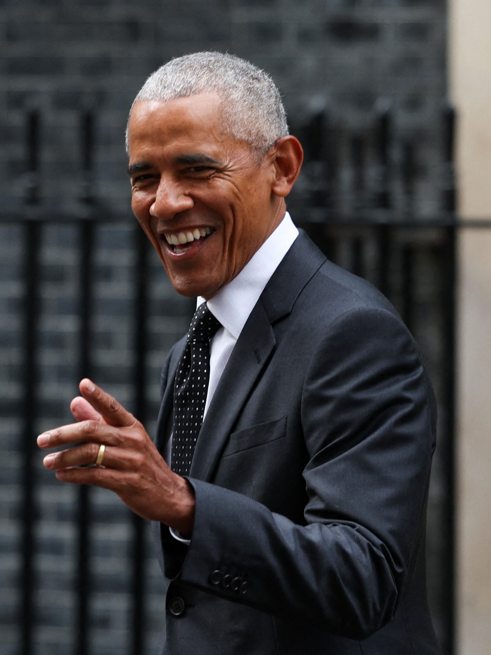 Former US President Barack Obama reacts as he leaves 10 Downing Street in central London, on March 18, 2024, following a meeting with Britain's Prime Minister Rishi Sunak. (Photo by Adrian DENNIS / AFP) (Photo by ADRIAN DENNIS/AFP via Getty Images)