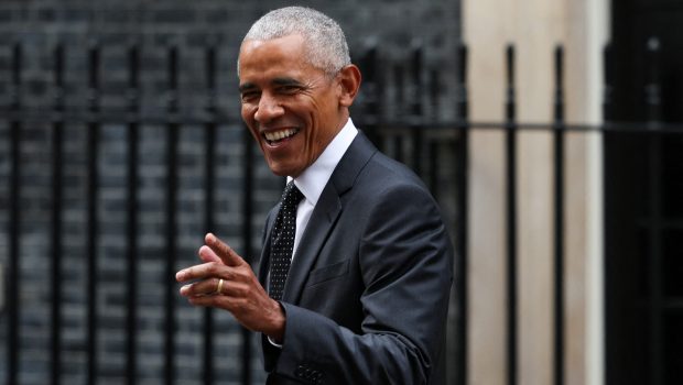 Former US President Barack Obama reacts as he leaves 10 Downing Street in central London, on March 18, 2024, following a meeting with Britain's Prime Minister Rishi Sunak. (Photo by Adrian DENNIS / AFP) (Photo by ADRIAN DENNIS/AFP via Getty Images)