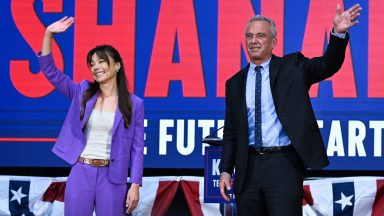 OAKLAND, CA - MARCH 26: Independent US presidential candidate Robert F. Kennedy, Jr. tapped California attorney Nicole Shanahan (left) as his running mate for vice president during an event in Oakland, California, United States on March 26, 2024. (Photo by Tayfun Coskun/Anadolu via Getty Images)