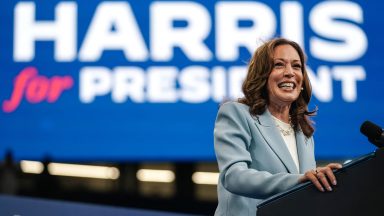 TOPSHOT - US Vice President and 2024 Democratic presidential candidate Kamala Harris speaks at a campaign rally in Atlanta, Georgia, on July 30, 2024. (Photo by Elijah Nouvelage / AFP) (Photo by ELIJAH NOUVELAGE/AFP via Getty Images)