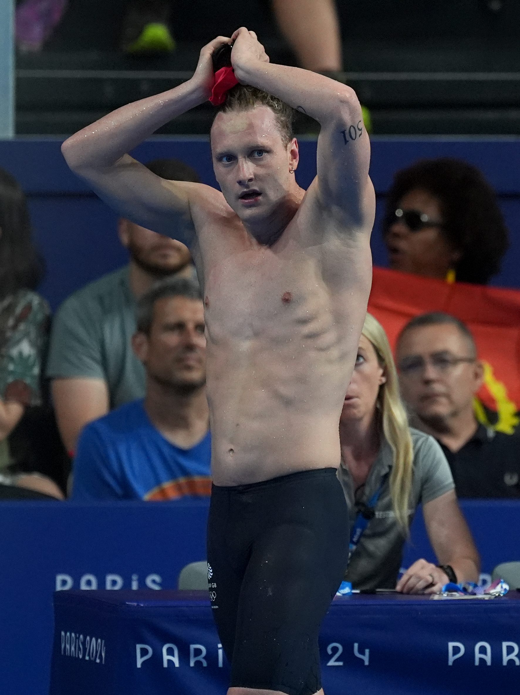 Great Britain's Luke Greenbank after being disqualified after his Men's 200m Backstroke Heat at the Paris La Defense Arena on the fifth day of the 2024 Paris Olympic Games in France. Picture date: Wednesday July 31, 2024. (Photo by Martin Rickett/PA Images via Getty Images)