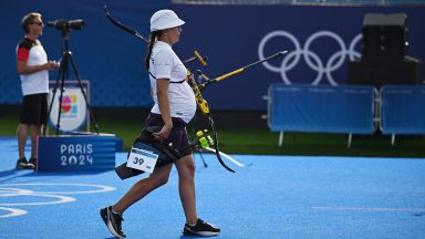 Yaylagul Ramazanova of Azerbaijan is seen during the women's individual 1/16 elimination round of archery at the Paris 2024 Olympic Games in Paris, France, on July 30, 2024. (Photo by He Canling/Xinhua via Getty Images)