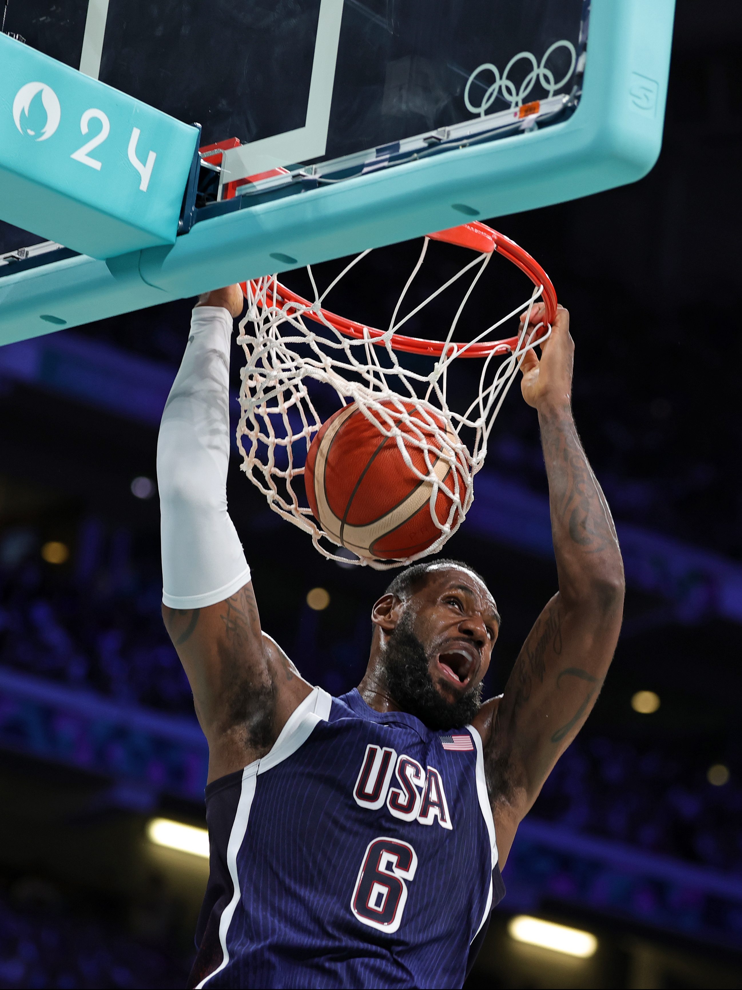 LILLE, FRANCE - JULY 28: LeBron James of United States during the Men's Basketball Group Phase - Group C game between Serbia and the United States on day two of the Olympic Games Paris 2024 at Stade Pierre Mauroy on July 28, 2024 in Lille, France. (Photo by Christina Pahnke - sampics/Getty Images)