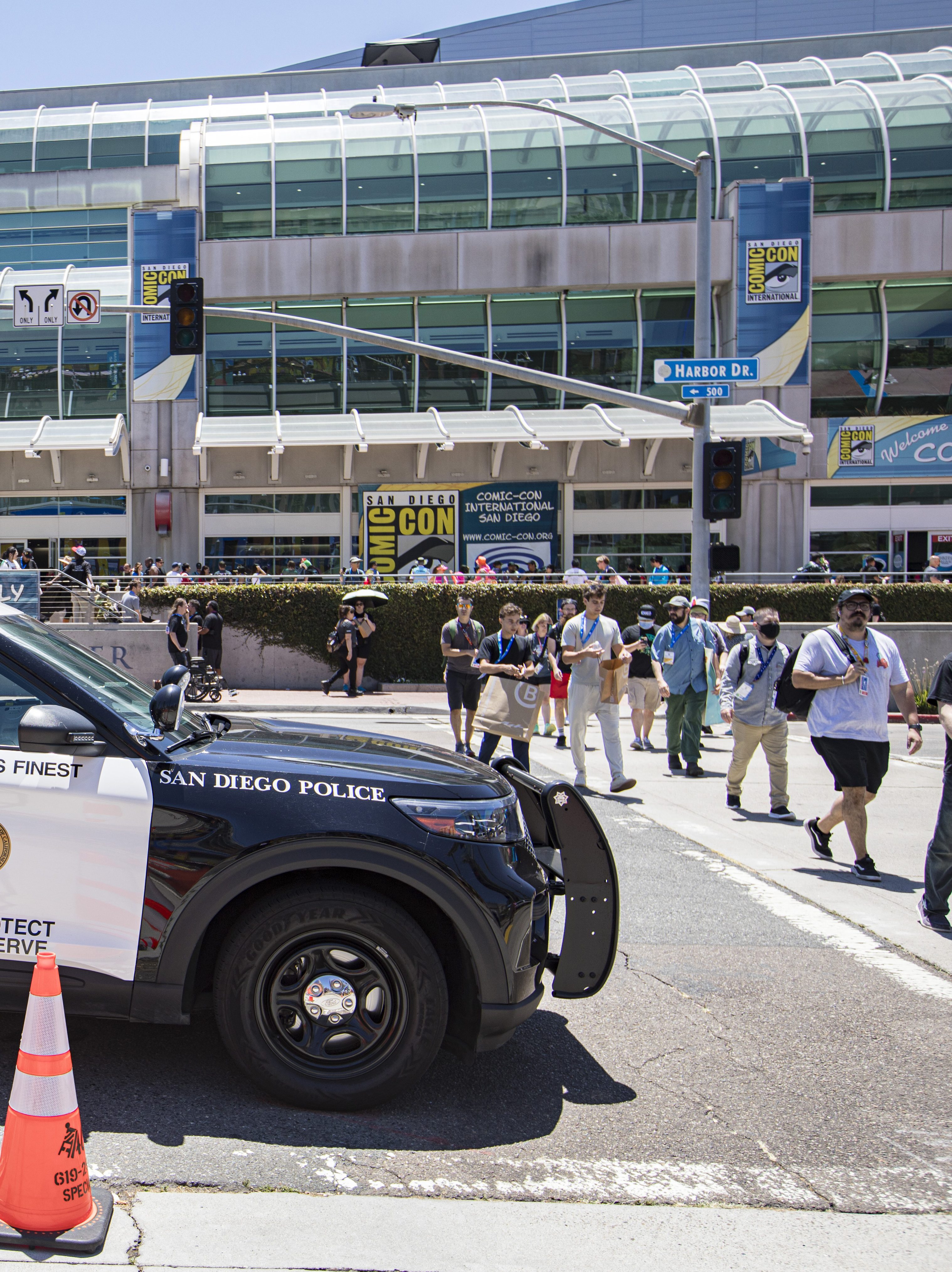 A San Diego Police vehicle is parked across from San Diego Convention Center