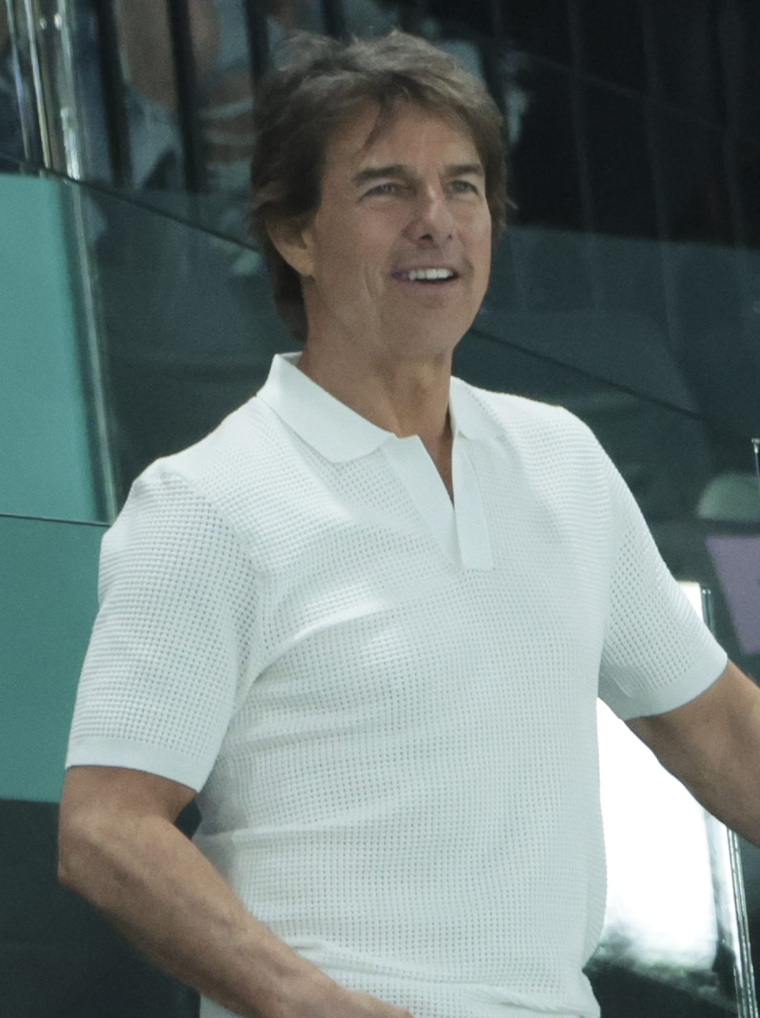 PARIS, FRANCE - JULY 28: Tom Cruise attends day two of the Paris 2024 Olympic Games at the artistic gymnastics event with Simone Biles of USA at Paris Arena on July 28, 2024 in Paris, France. (Photo by Jean Catuffe/Getty Images)