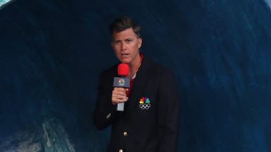 Colin Jost films a segment as he covers Olympic Surfing in Tahiti