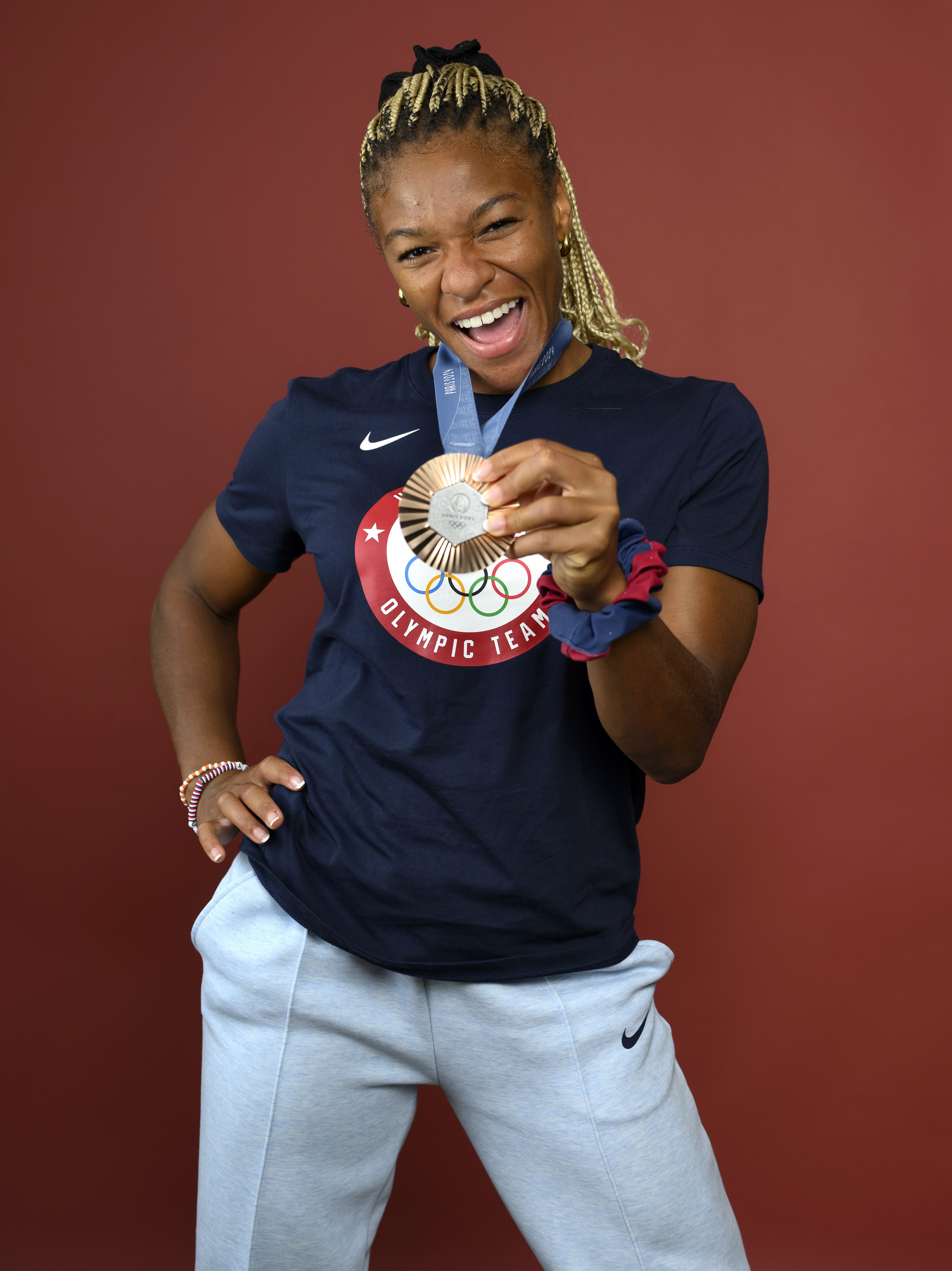 PARIS, FRANCE - JULY 31: (BROADCAST-OUT) Olympian Ariana Ramsey of Team United States poses on the Today Show Set on July 31, 2024 in Paris, France. (Photo by Kristy Sparow/Getty Images)