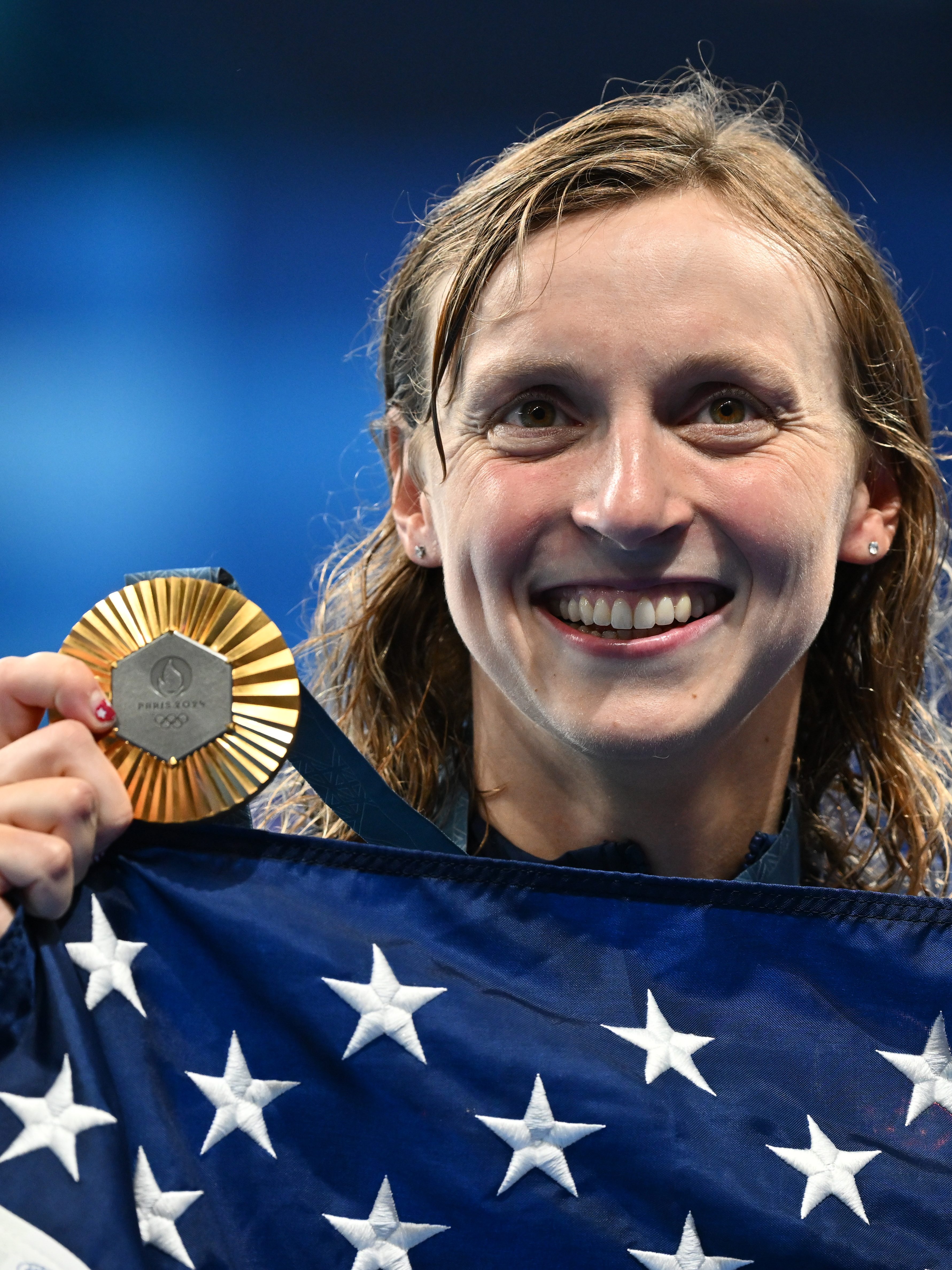 NANTERRE, FRANCE - JULY 31: Katie Ledecky of United States gold medal Women's 1500m Freestyle final on day five of the Olympic Games Paris 2024 at Paris La Defense Arena on July 31, 2024 in Nanterre, France. (Photo by Image Photo Agency/Getty Images)