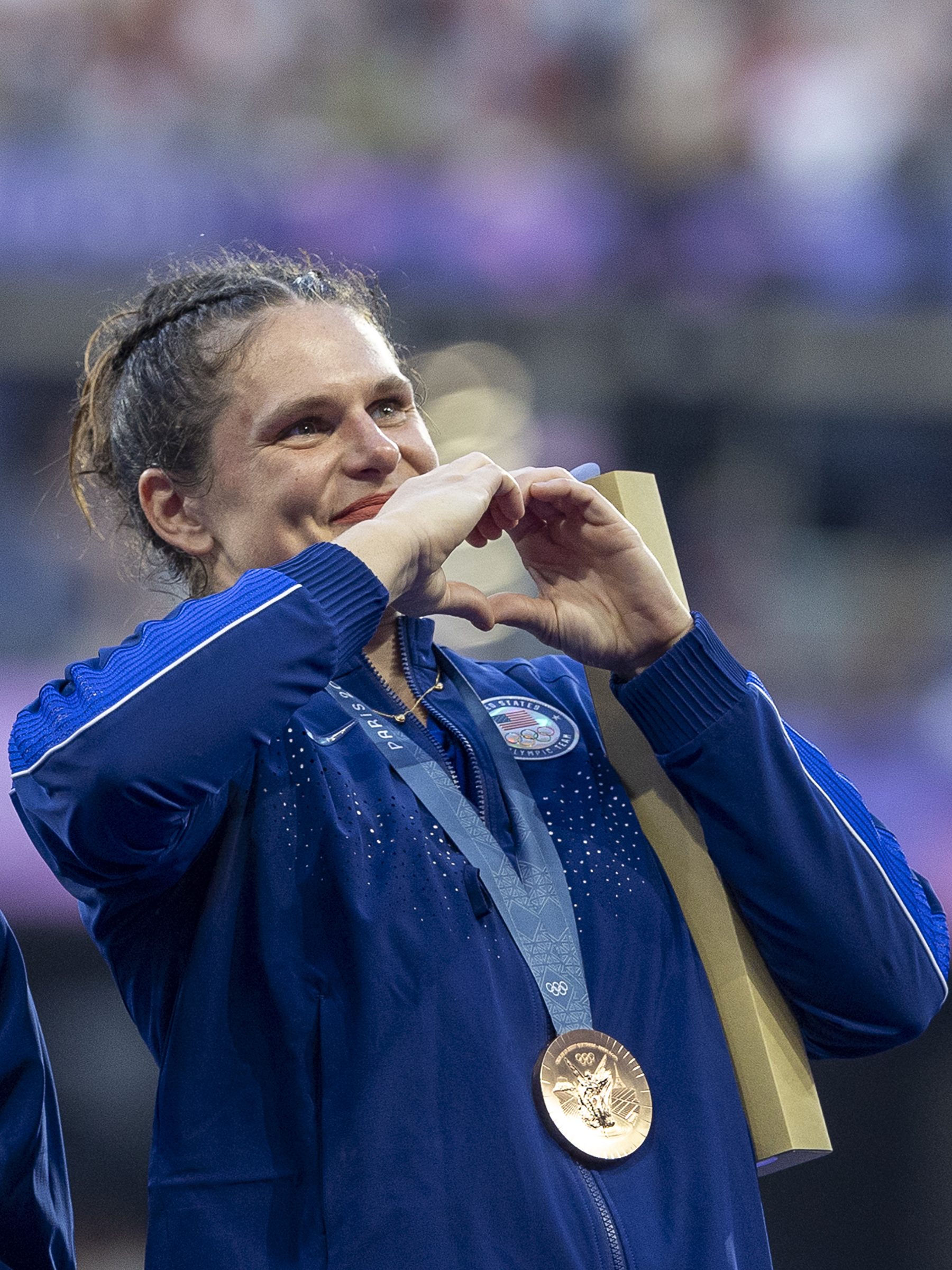 PARIS, FRANCE - JULY 30: Ilona Maher #2 of Team United States celebrates during the Women's rugby 7 medal ceremony on day four of the Paris 2024 Olympic Games at Stade de France on July 30, 2024 in Paris, France. (Photo by Alex Ho/ISI Photos/Getty Images)
