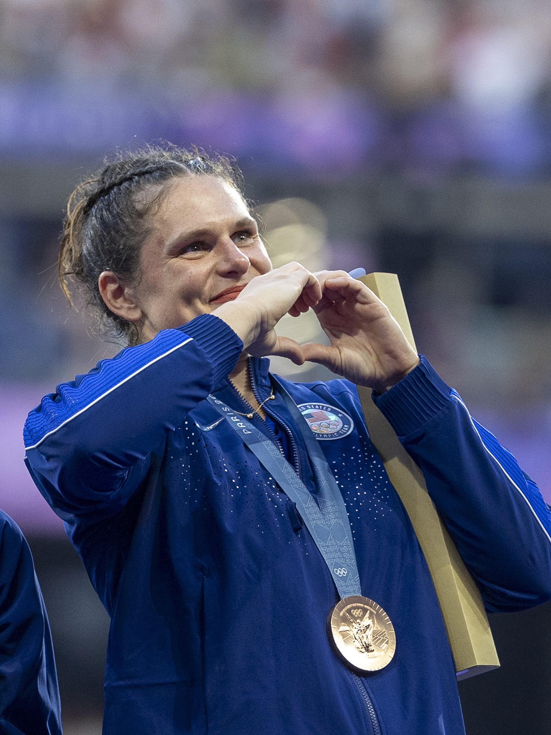 PARIS, FRANCE - JULY 30: Ilona Maher #2 of Team United States celebrates during the Women's rugby 7 medal ceremony on day four of the Paris 2024 Olympic Games at Stade de France on July 30, 2024 in Paris, France. (Photo by Alex Ho/ISI Photos/Getty Images)