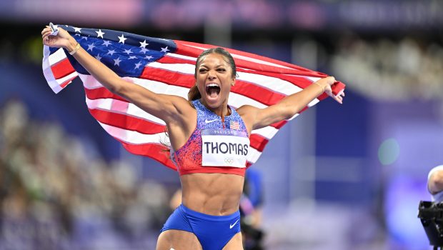 PARIS, FRANCE - AUGUST 06: Gold medalist Gabrielle Thomas of Team United States celebrates after winning the Women's 200m Final on day eleven of the Olympic Games Paris 2024 at Stade de France on August 06, 2024 in Paris, France (Photo by Mustafa Yalcin/Anadolu via Getty Images)