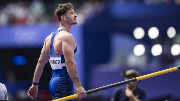 PARIS, FRANCE - AUGUST 3: Anthony Ammirati of Team France looks on during the Men's Pole Vault Qualification on day eight of the Olympic Games Paris 2024 at Stade de France on August 3, 2024 in Paris, France. (Photo by Kevin Voigt/GettyImages)