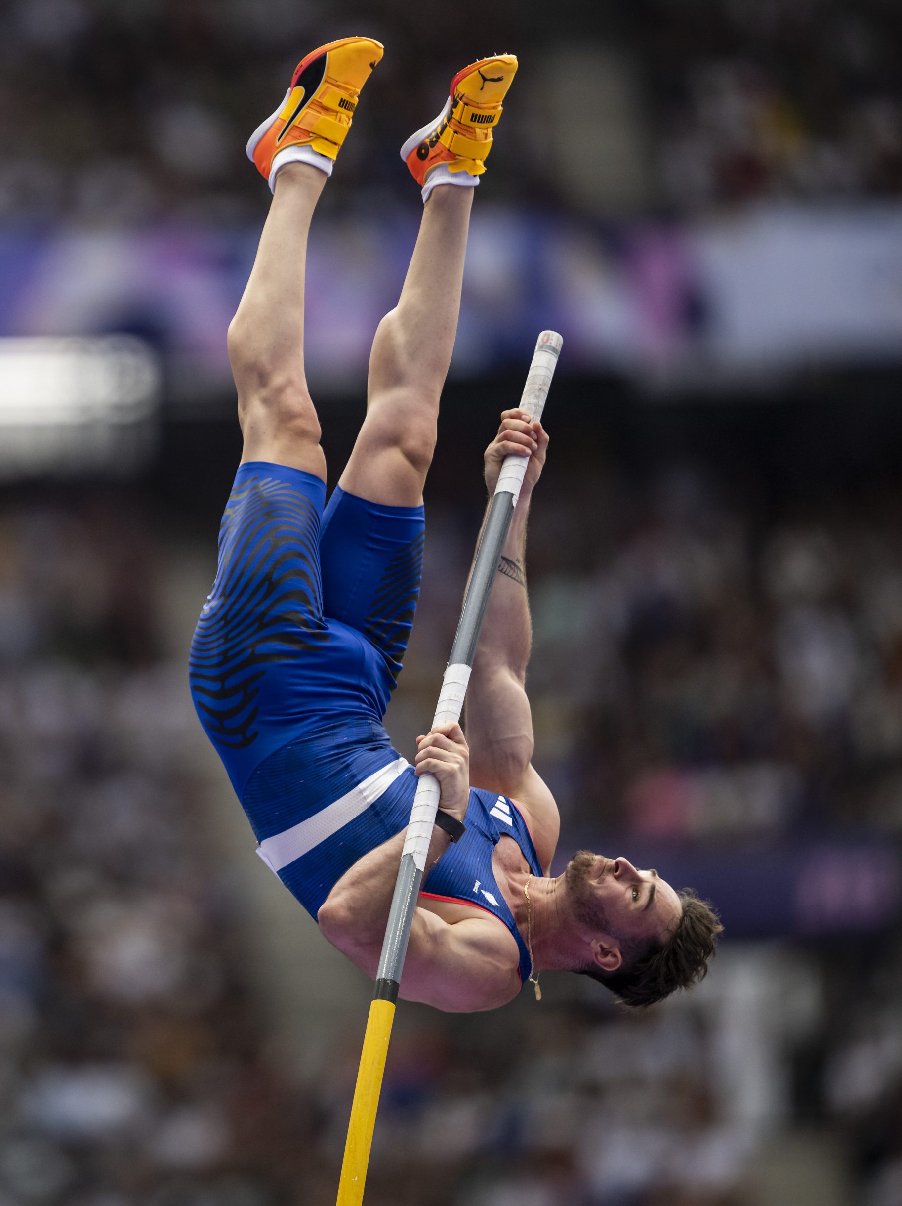 PARIS, FRANCE - AUGUST 3: Anthony Ammirati of Team France competes during the Men's Pole Vault Qualification on day eight of the Olympic Games Paris 2024 at Stade de France on August 3, 2024 in Paris, France. (Photo by Kevin Voigt/GettyImages)