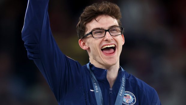 PARIS, FRANCE - AUGUST 03: Bronze medalist Stephen Nedoroscik of Team United States celebrates on the podium during the medal ceremony for the Artistic Gymnastics Men's Pommel Horse Final on day eight of the Olympic Games Paris 2024 at Bercy Arena on August 03, 2024 in Paris, France. (Photo by Julian Finney/Getty Images)