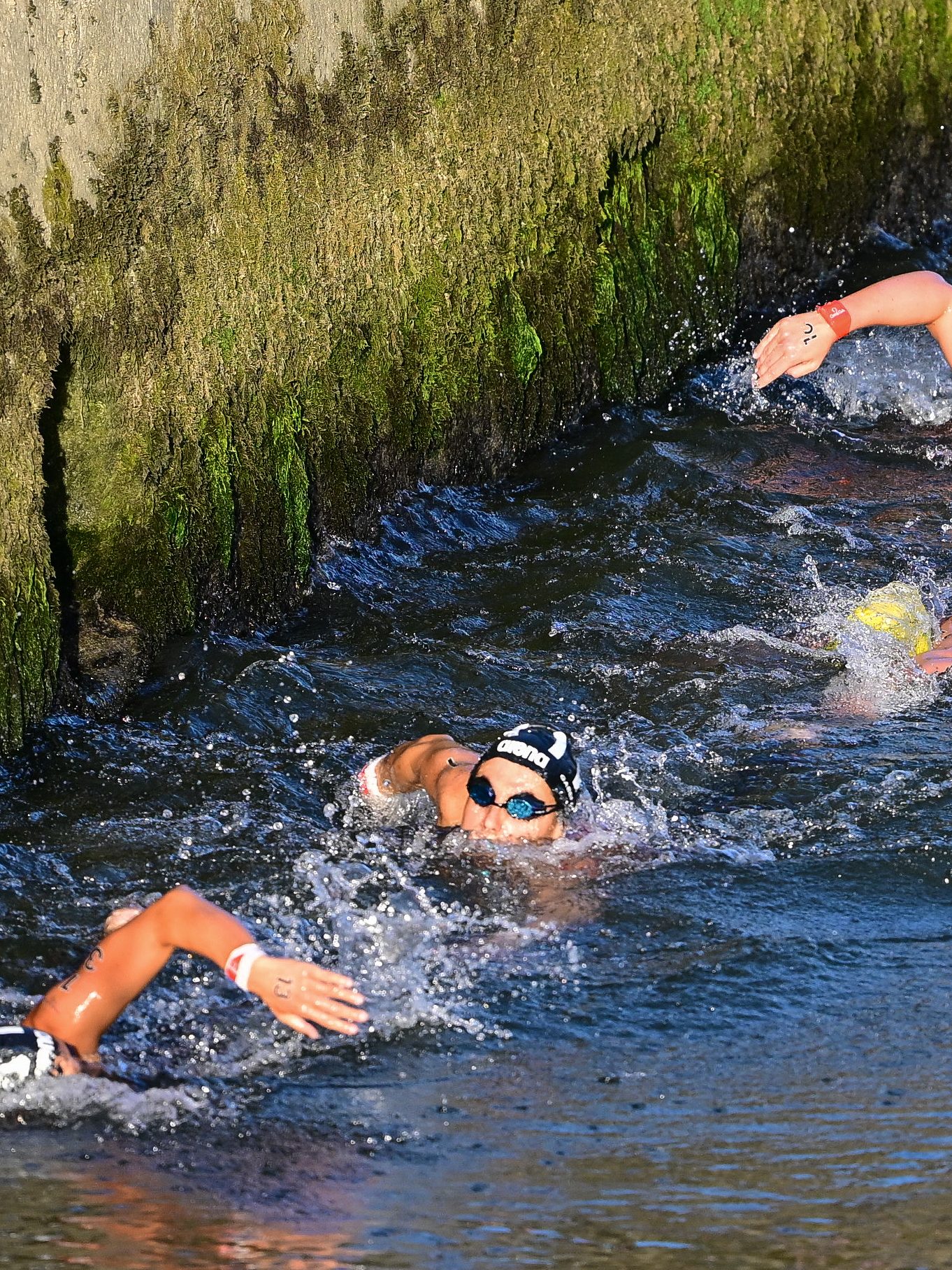 PARIS, FRANCE - AUGUST 08: Athletes compete in the Marathon Swimming Women's 10k on day thirteen of the Olympic Games Paris 2024 at Pont Alexandre III on August 08, 2024 in Paris, France. (Photo by Mehmet Murat Onel/Anadolu via Getty Images)