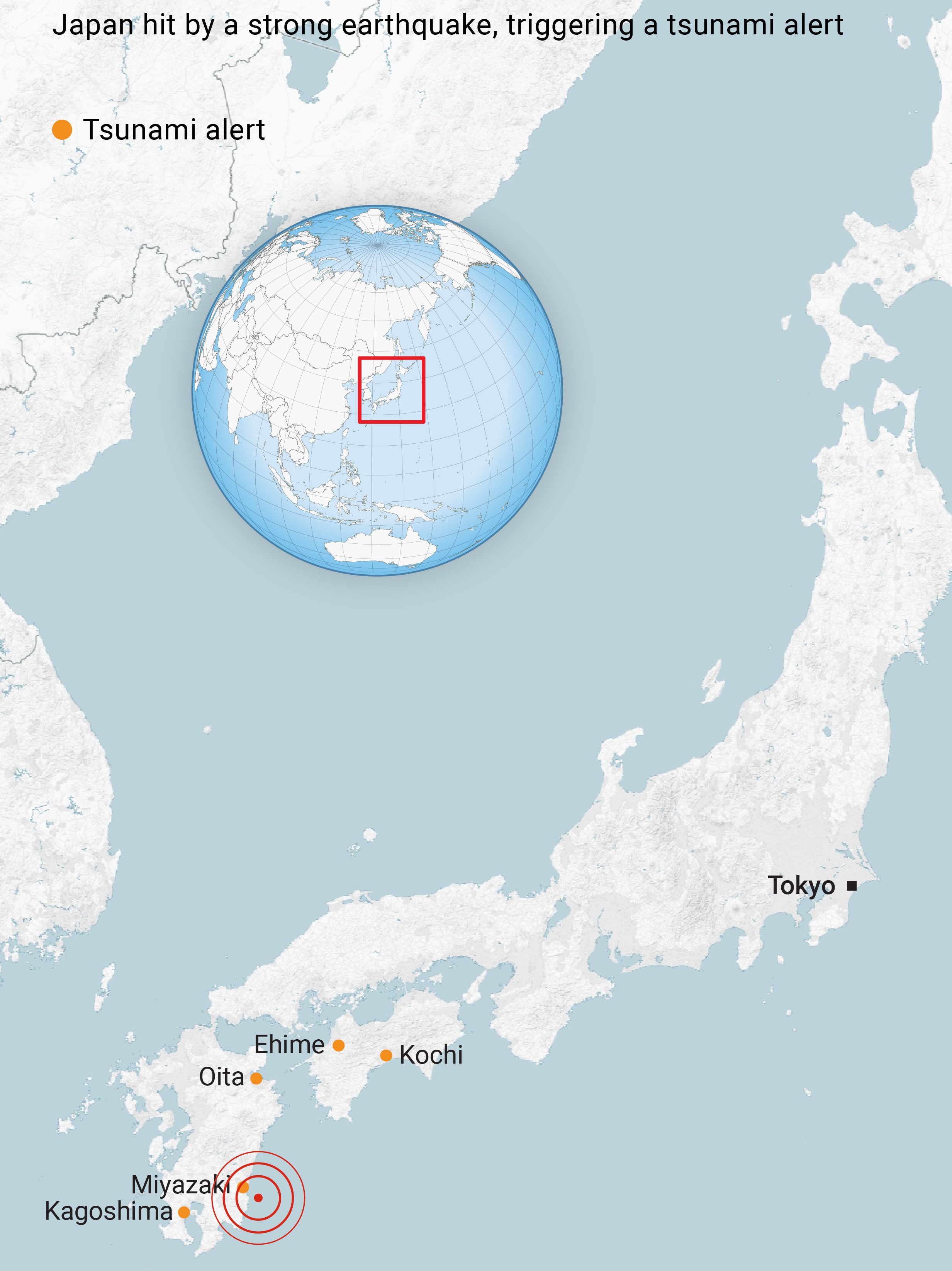 ISTANBUL, TURKIYE - AUGUST 8: An infographic titled "7.1 magnitude earthquake jolts Japan" created in Istanbul, Turkiye on August 8, 2024. Japan hit by a strong earthquake, triggering a tsunami alert. (Photo by Mehmet Yaren Bozgun/Anadolu via Getty Images)