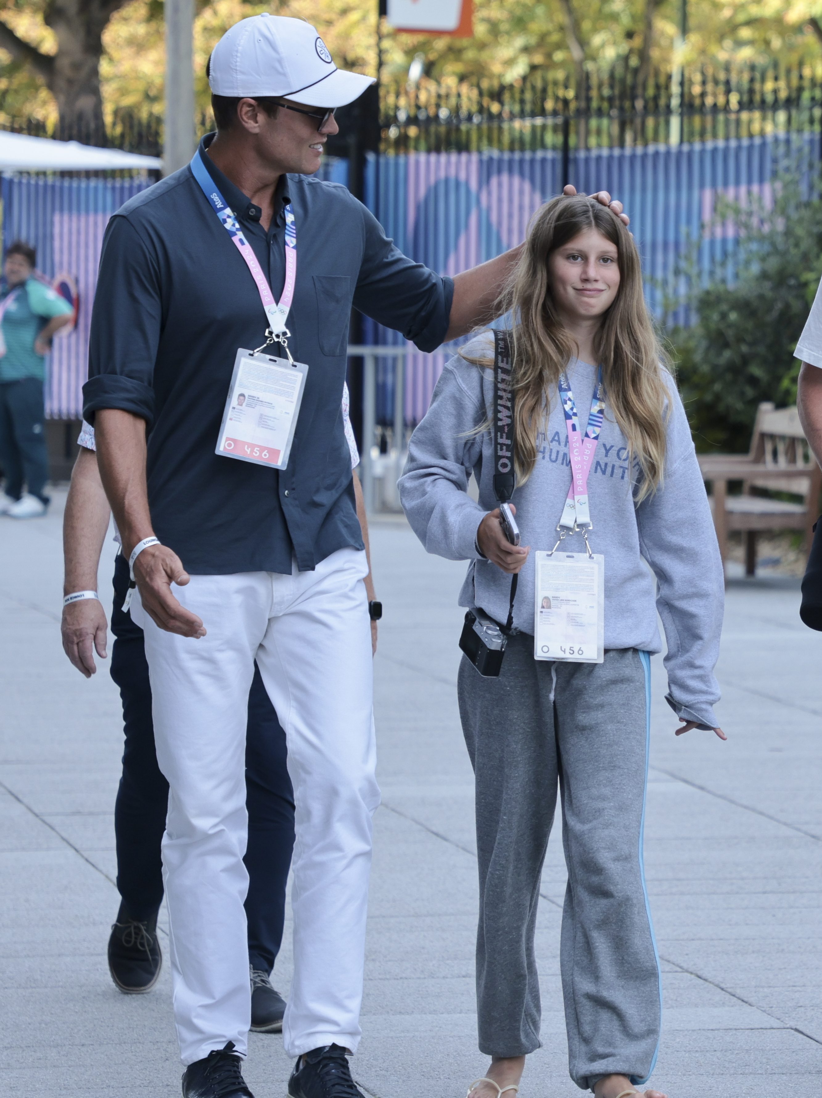 PARIS, FRANCE - AUGUST 4: Tom Brady and daughter Vivian Brady attend the men's tennis final between Novak Djokovic of Serbia and Carlos Alcaraz of Spain on day nine of the Olympic Games Paris 2024 at Roland-Garros Stadium on August 4, 2024 in Paris, France. (Photo by Jean Catuffe/Getty Images)