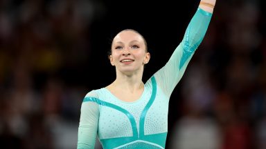 Ana Barbosu of Team Romania reacts after competing in the Artistic Gymnastics Women's Floor Exercise Final