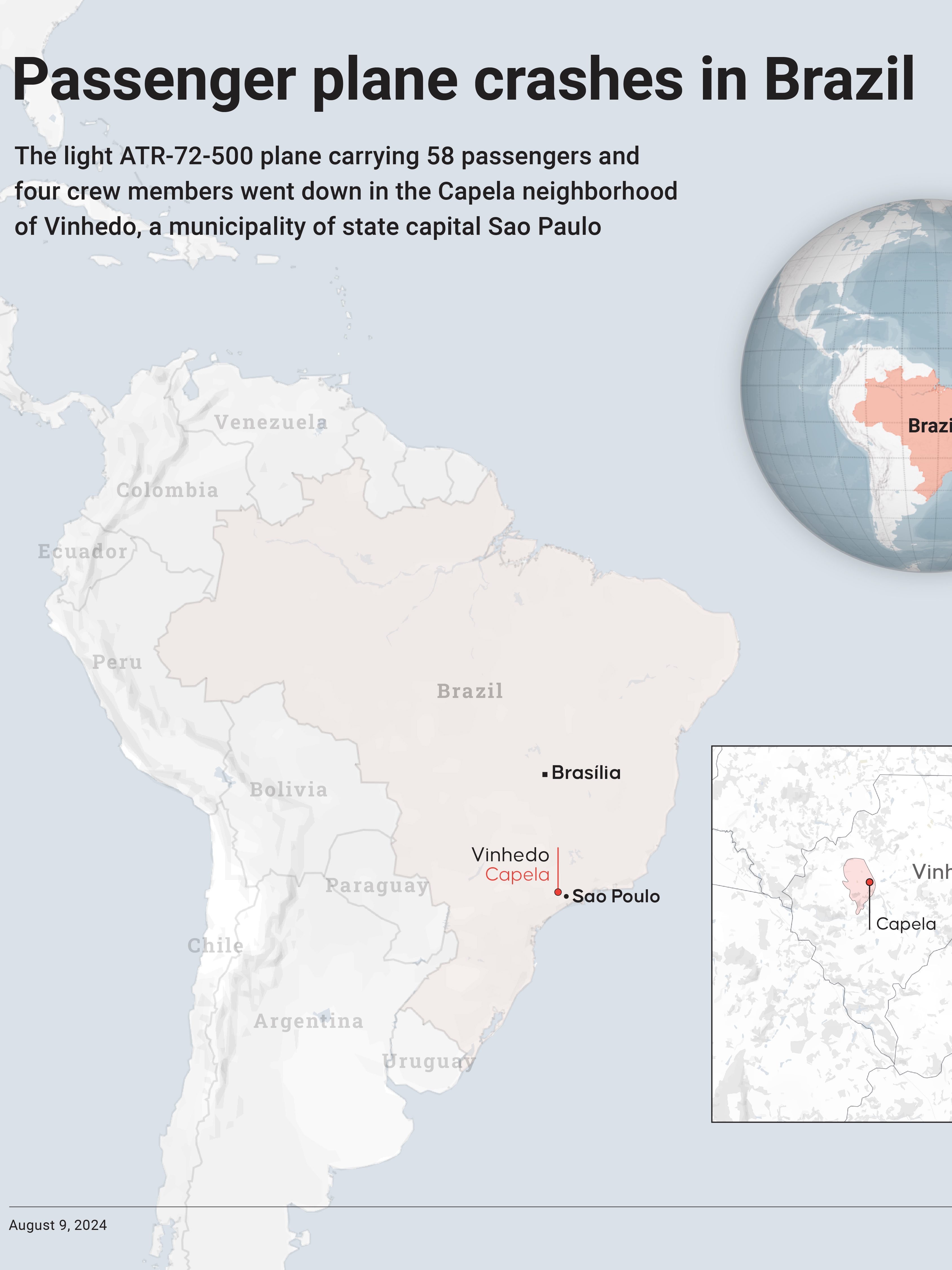 ISTANBUL, TURKIYE - AUGUST 9: An infographic titled "Passenger plane crashes in Brazil" created in Istanbul, Turkiye on August 9, 2024. The light ATR-72-500 plane carrying 58 passengers and four crew members went down in the Capela neighborhood of Vinhedo, a municipality of state capital&nbsp;Sao&nbsp;Paulo. (Photo by Muhammed Ali Yigit/Anadolu via Getty Images)