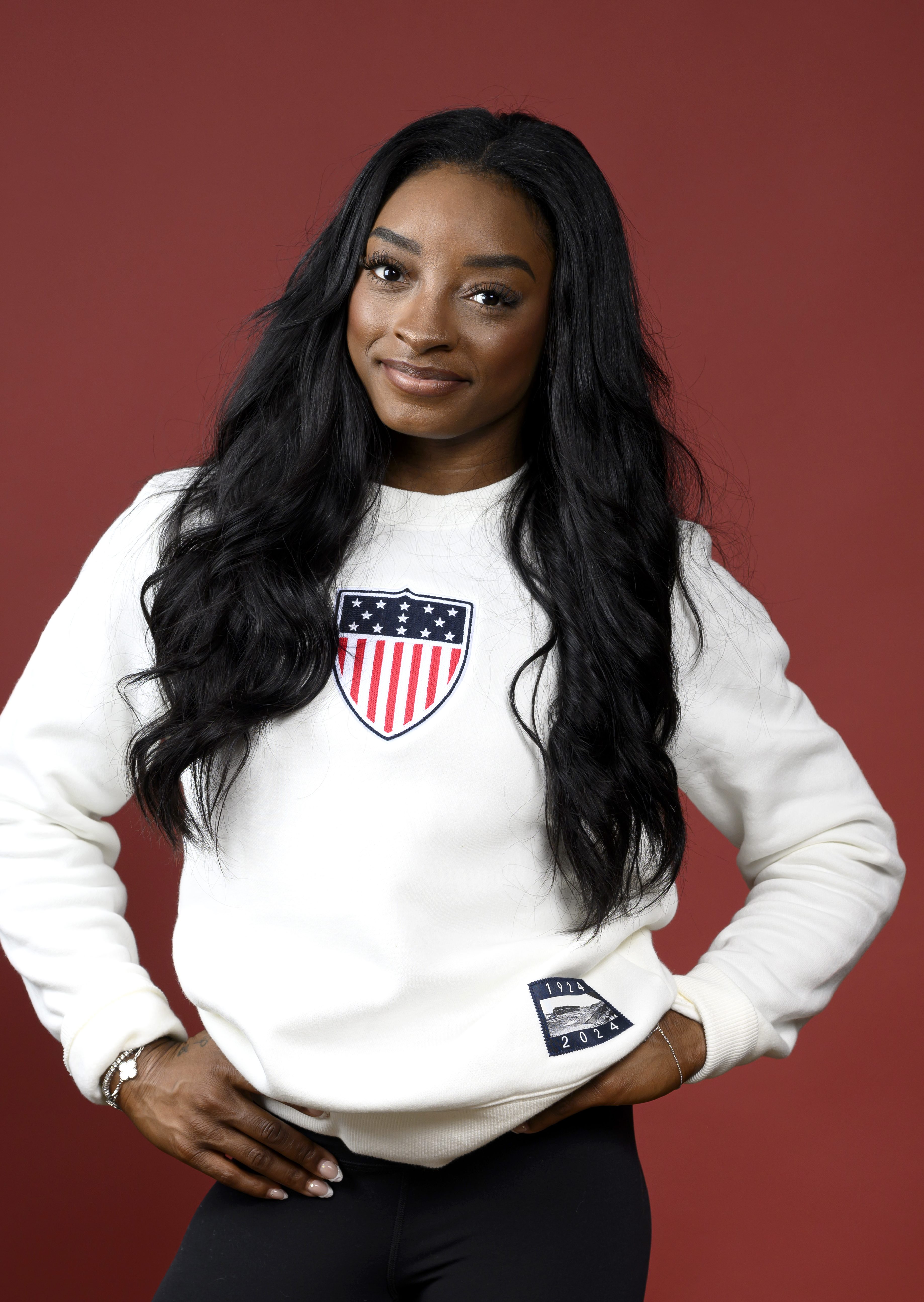 Simone Biles of Team United States poses on the Today Show Set on August 06, 2024 in Paris, France. (Photo by Kristy Sparow/Getty Images)