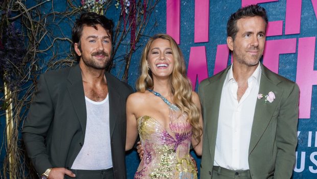 NEW YORK, NEW YORK - AUGUST 06: (L-R) Brandon Sklenar, Blake Lively and Ryan Reynolds attend the "It Ends With Us" New York Premiere at AMC Lincoln Square Theater on August 06, 2024 in New York City. (Photo by Gotham/WireImage)