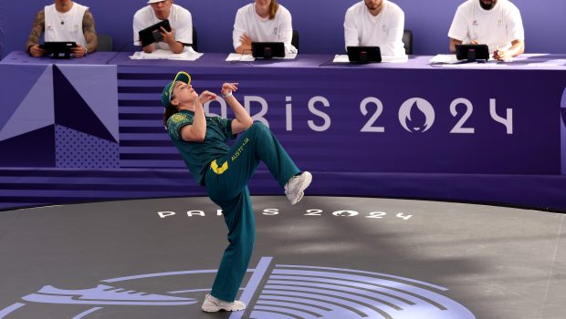 PARIS, FRANCE - AUGUST 09: B-Girl Raygun of Team Australia
competes during the B-Girls Round Robin - Group B on day fourteen of the Olympic Games Paris 2024 at Place de la Concorde on August 09, 2024 in Paris, France. (Photo by Ezra Shaw/Getty Images)
