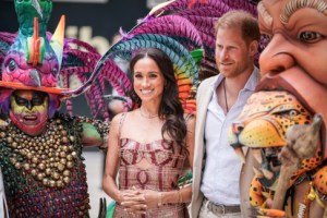 BOGOTA, COLOMBIA - AUGUST 15: Meghan, Duchess of Sussex and Prince Harry, Duke of Sussex pose for a photo at Centro Nacional de las Artes Delia Zapata during a visit to Colombia on August 15, 2024 in Bogota, Colombia. (Photo by Diego Cuevas/Getty Images)