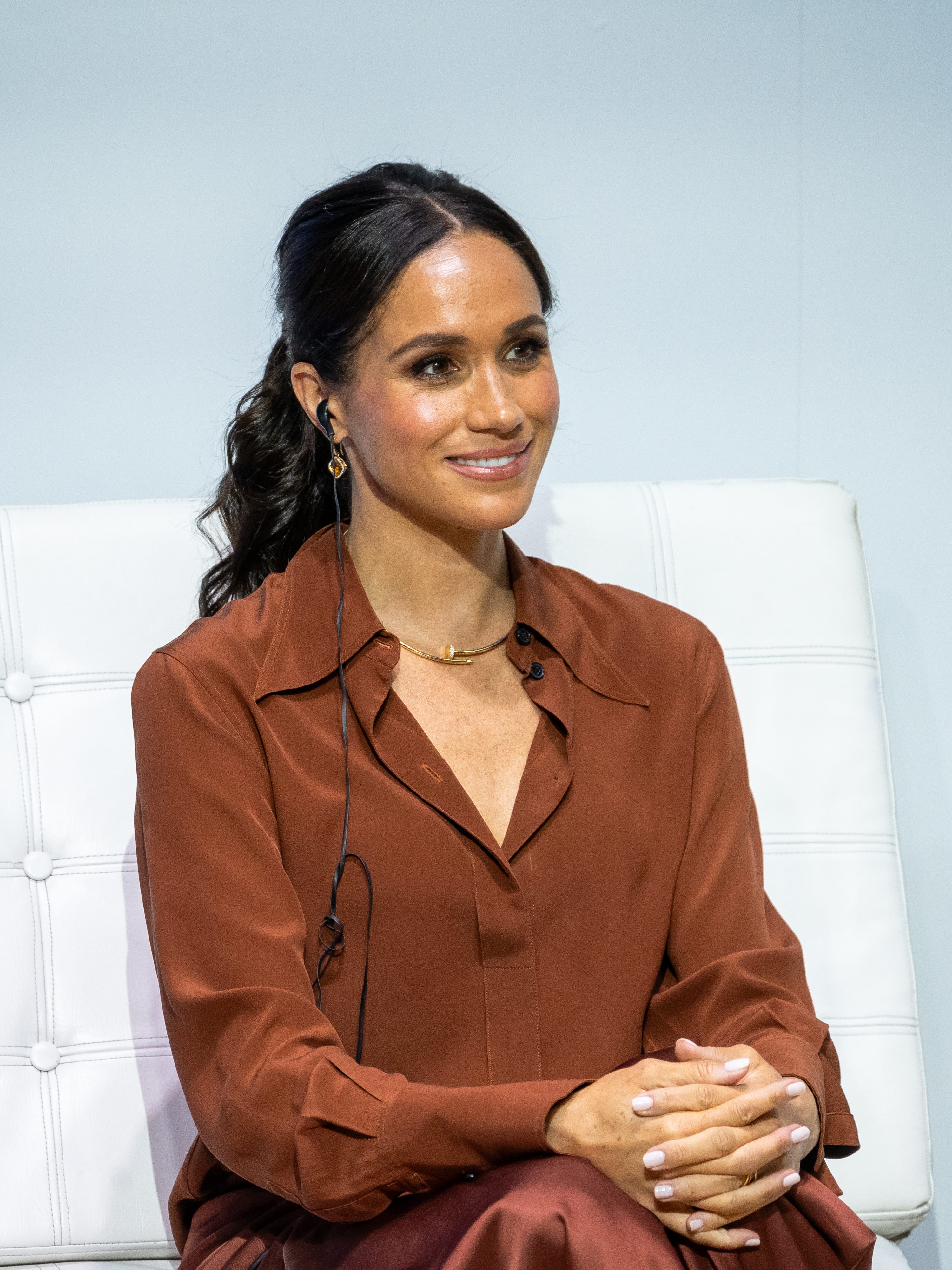 BOGOTA, COLOMBIA - AUGUST 15: Meghan, Duchess of Sussex, during a forum about digital responsibility at EAN University during a visit around Colombia on August 15, 2024 in Bogota, Colombia. (Photo by Diego Cuevas/Getty Images)