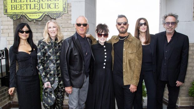 Jenna Ortega, Catherine O'Hara, Michael Keaton, Winona Ryder, Justin Theroux, Monica Bellucci and Tim Burton attend the 'Beetlejuice Beetlejuice' New York Photo Call