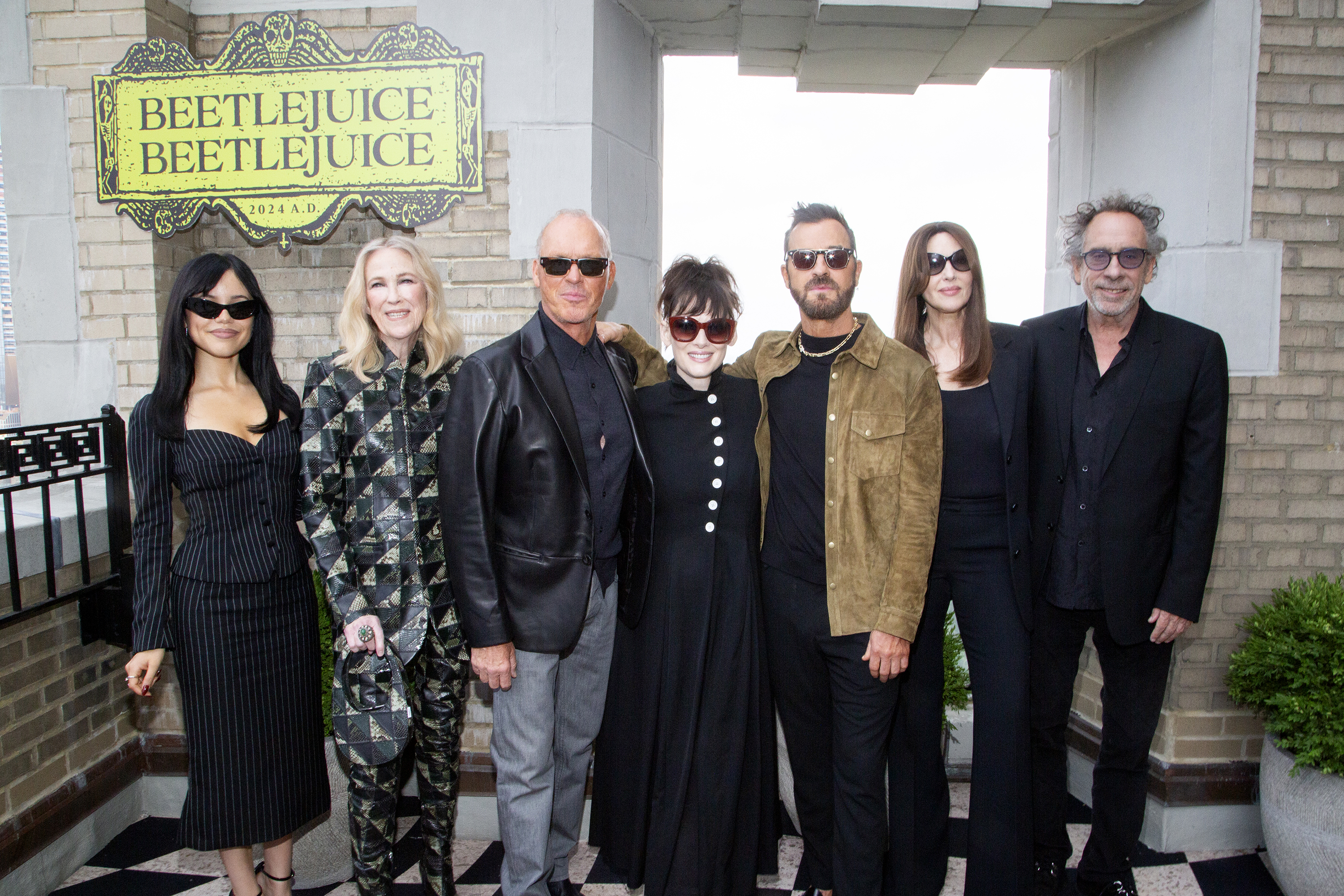 Jenna Ortega, Catherine O'Hara, Michael Keaton, Winona Ryder, Justin Theroux, Monica Bellucci and Tim Burton attend the 'Beetlejuice Beetlejuice' New York Photo Call