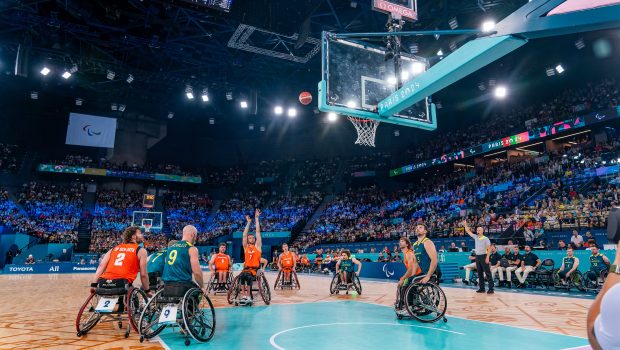 PARIS, FRANCE - AUGUST 29: Patrick de Boer of the Netherlands during the Wheelchair Basketball - Paris 2024 Summer Paralympic Games match between Netherlands and Australia on Day 1 at Bercy Arena on August 29, 2024 in Paris, France. (Photo by Joris Verwijst/BSR Agency/Getty Images)