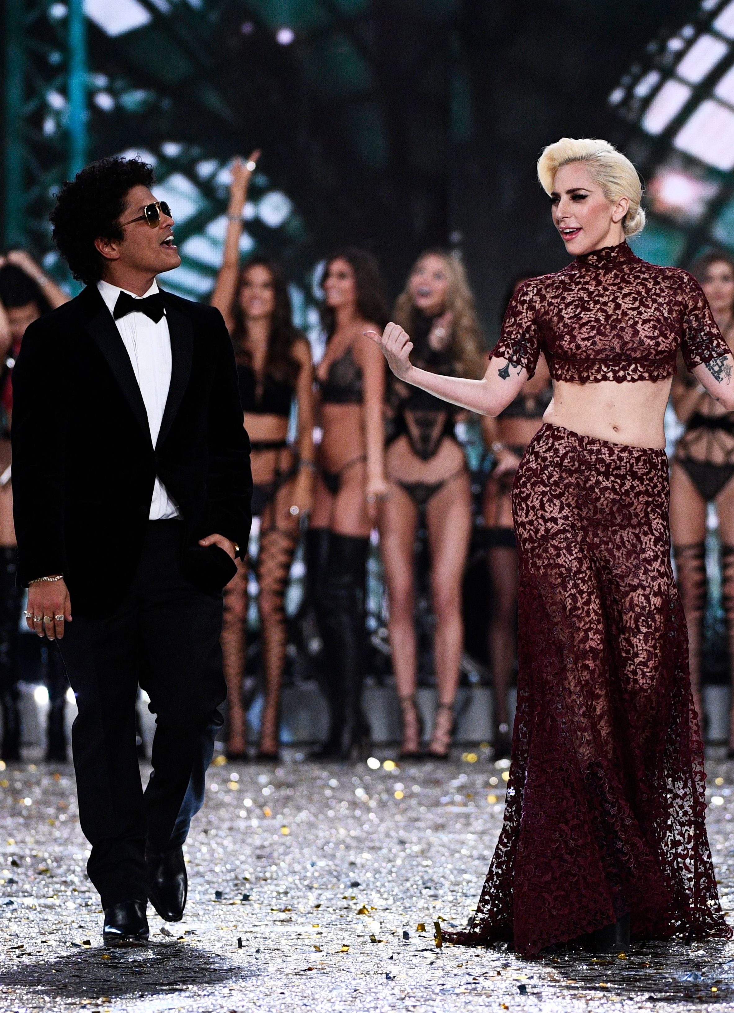 Lady Gaga performs with Bruno Mars