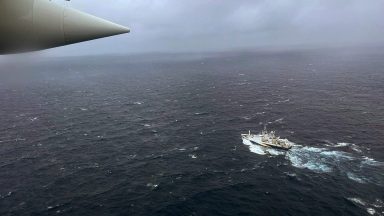 ATLANTIC OCEAN - JUNE 21: In this U.S. Coast Guard handout, a Coast Guard Air Station Elizabeth City, North Carolina HC-130 Hercules airplane flies over the French research vessel, L'Atalante approximately 900 miles East of Cape Cod during the search for the 21-foot submersible, Titan, June 21, 2023 over the Atlantic Ocean. The unified command is searching for five people after the Canadian research vessel Polar Prince lost contact with their submersible during a dive to the wreck of the Titanic on June 18, 2023. (Photo by U.S. Coast Guard via Getty Images)