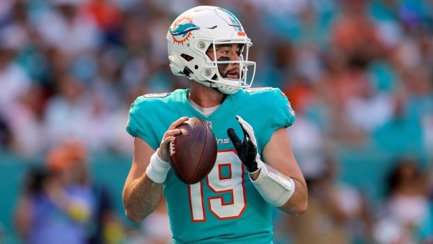 MIAMI GARDENS, FLORIDA - JANUARY 08: Skylar Thompson #19 of the Miami Dolphins looks to pass against the New York Jets during the first half of the game at Hard Rock Stadium on January 08, 2023 in Miami Gardens, Florida. (Photo by Megan Briggs/Getty Images)