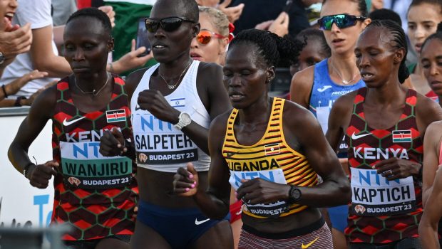 (From L to R) Kenya's Rosemary Wanjiru, Israel's Lonah Chemtai Salpeter, Uganda's Rebecca Cheptegei and Kenya's Selly Chepyego Kaptich compete in the women's marathon final during the World Athletics Championships in Budapest on August 26, 2023. (Photo by Ferenc ISZA / AFP) (Photo by FERENC ISZA/AFP via Getty Images)